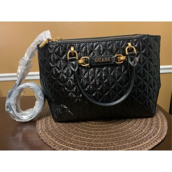 Guess Black Aveta Status Quilted Satchel Bag Handbag NEW - Picture 1 of 5